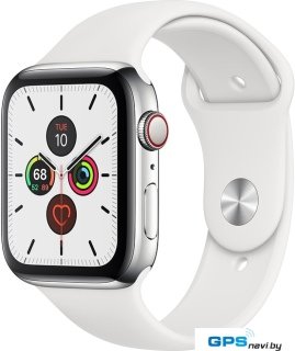 Умные часы Apple Watch Series 5 LTE 44 мм (сталь серебристый/белый спортивный)